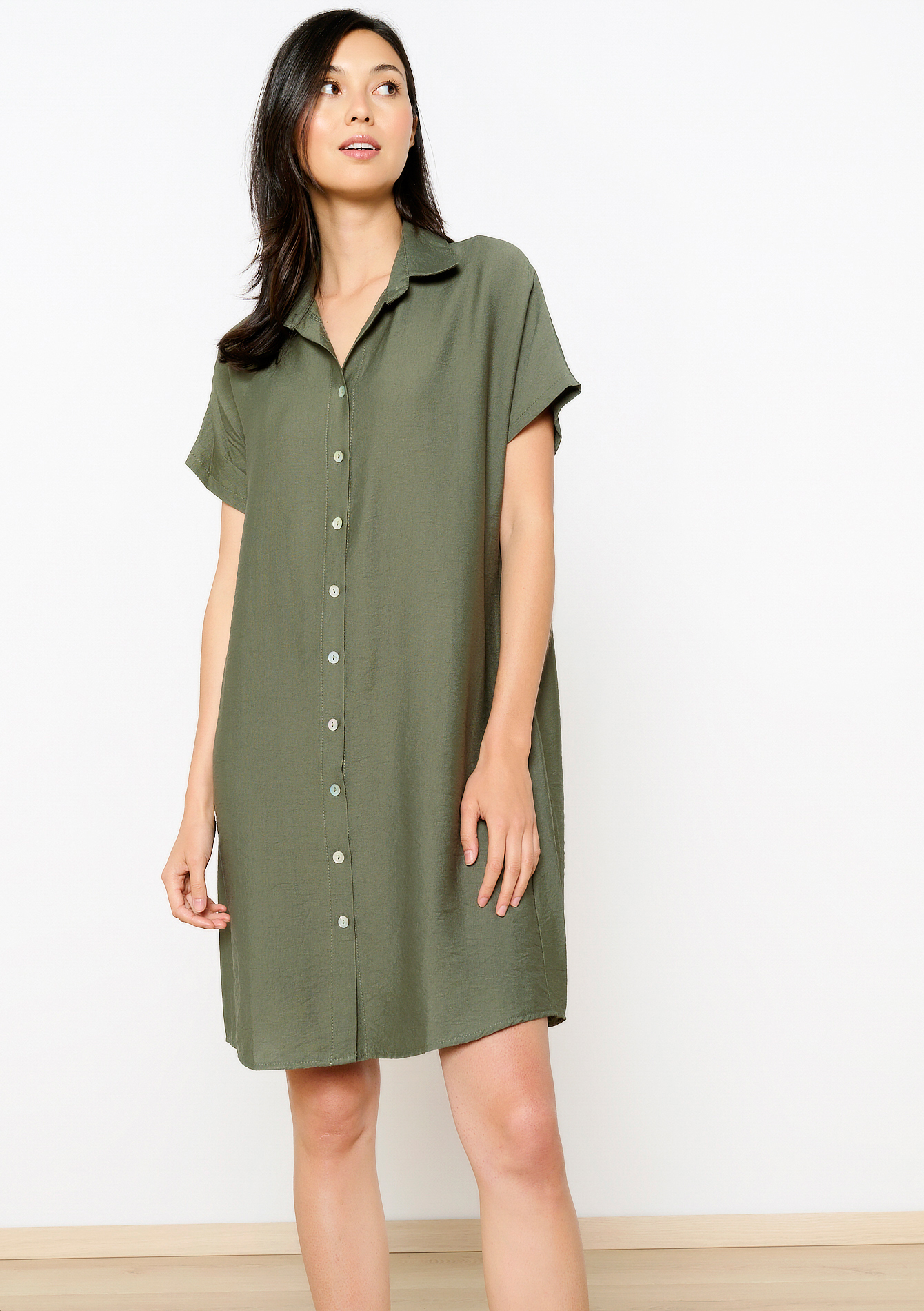 Robe-chemise en tissu crêpé, undefined - KHAKI MED - undefined