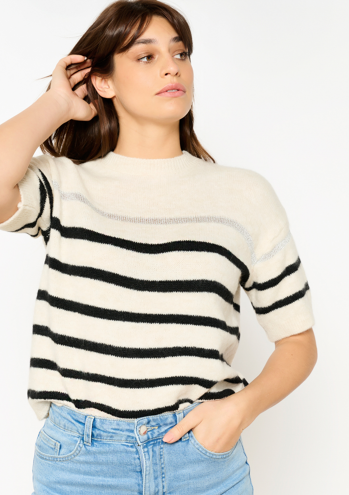 Gestreepte trui met korte mouwen, undefined - OFFWHITE - undefined