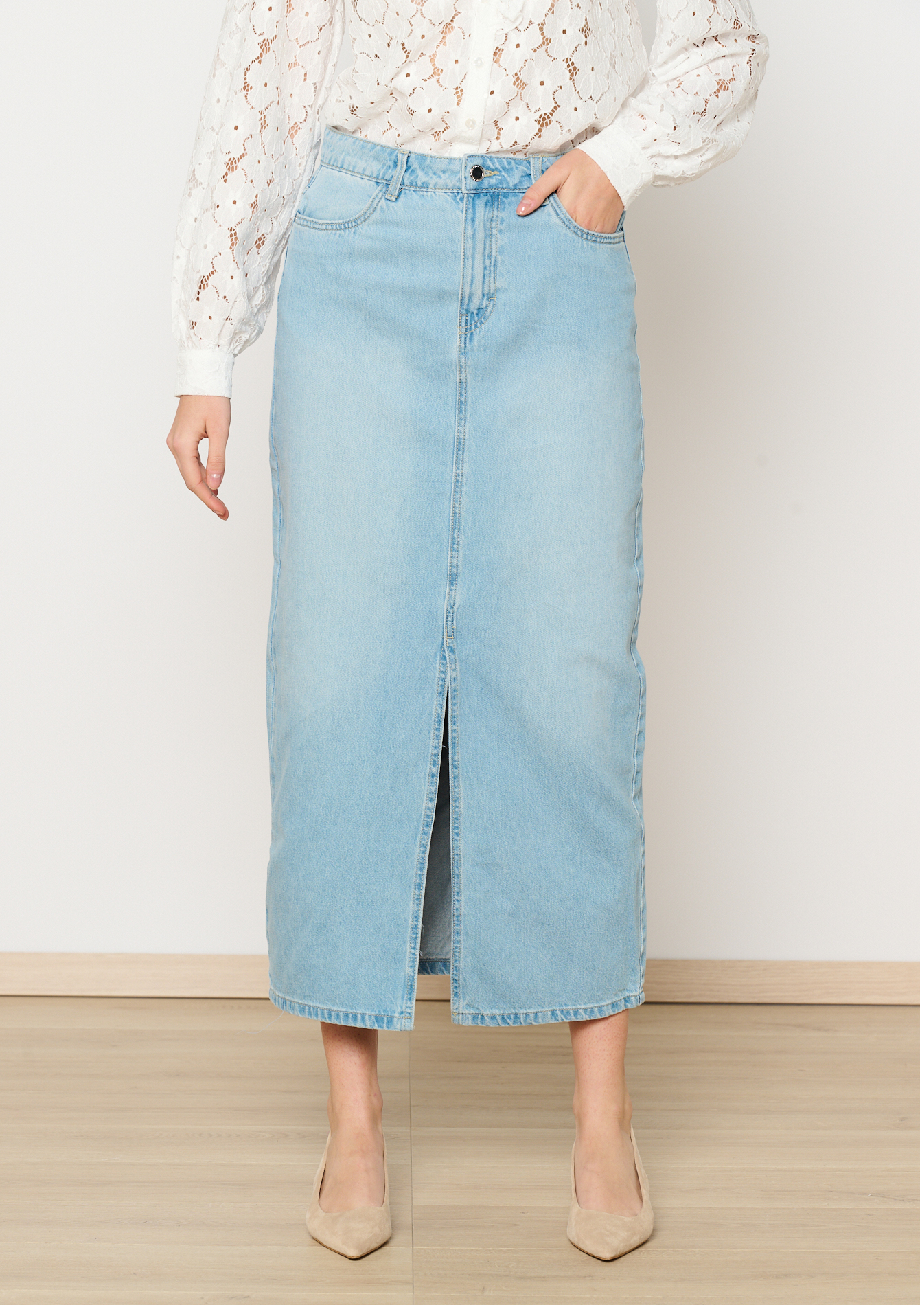 Jupe longue en denim, undefined - BLUE BLEACHED - undefined