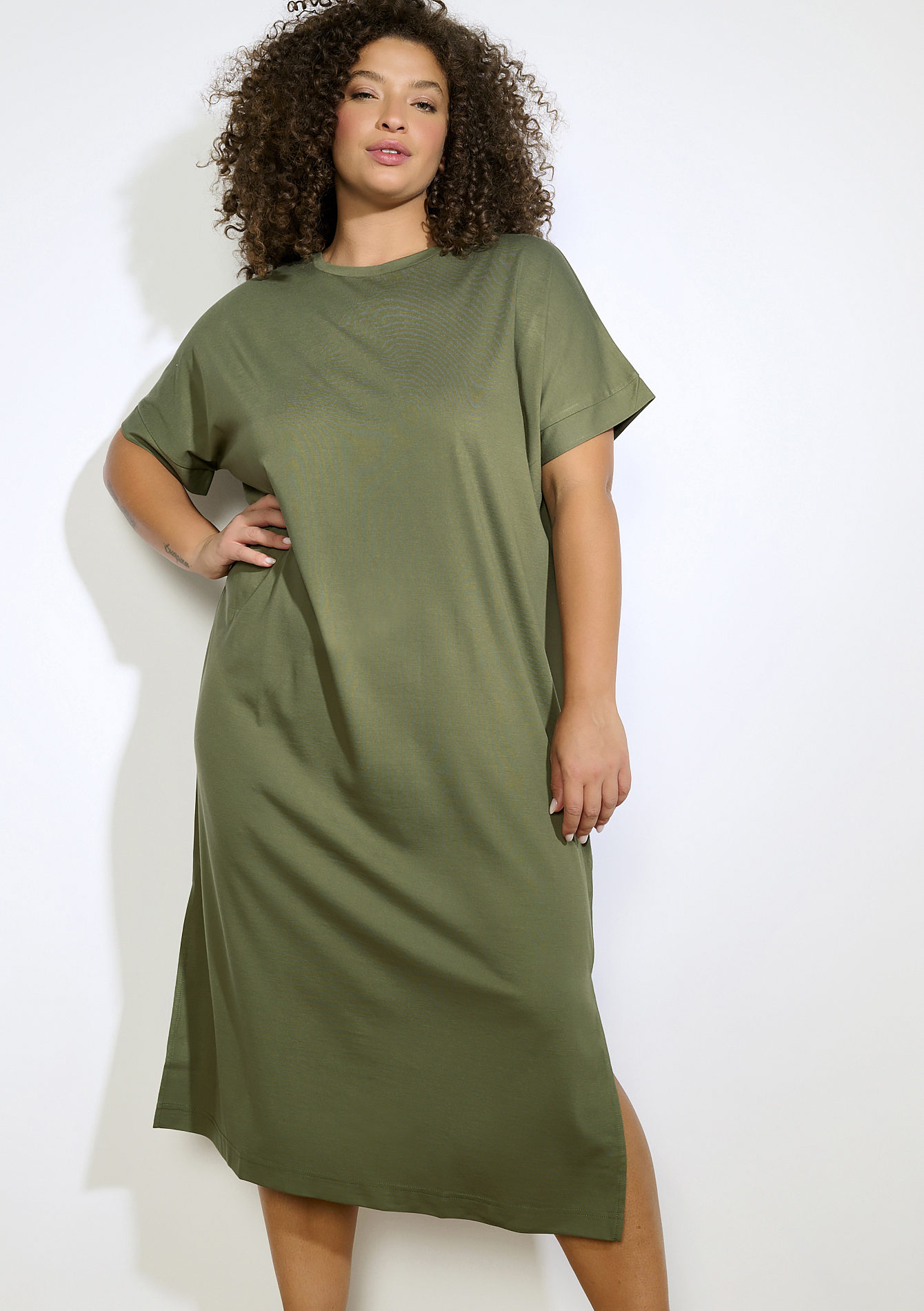 Robe midi unie, undefined - KHAKI MED - undefined