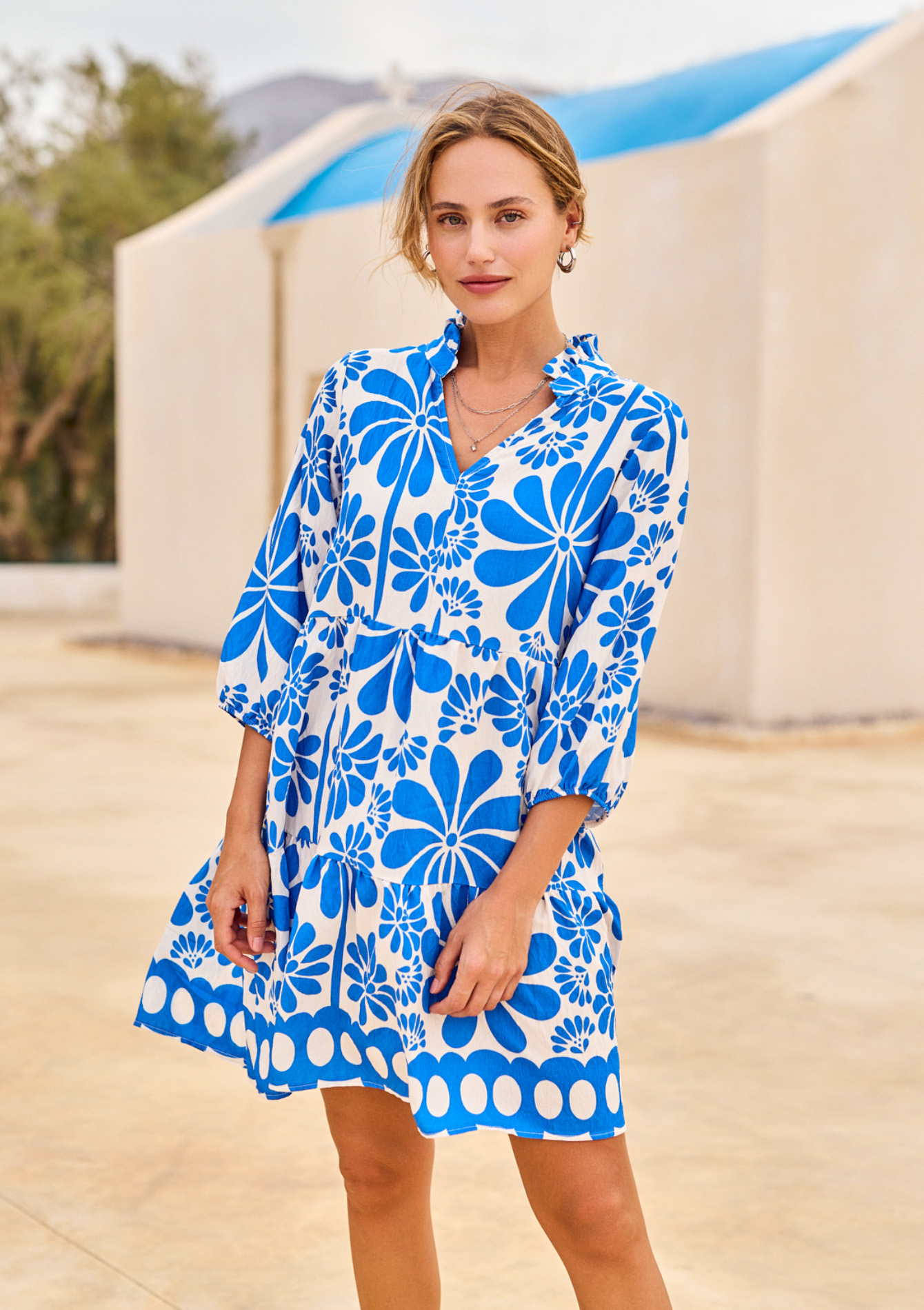 Printed short dress, undefined - BLUE FAIENCE - undefined