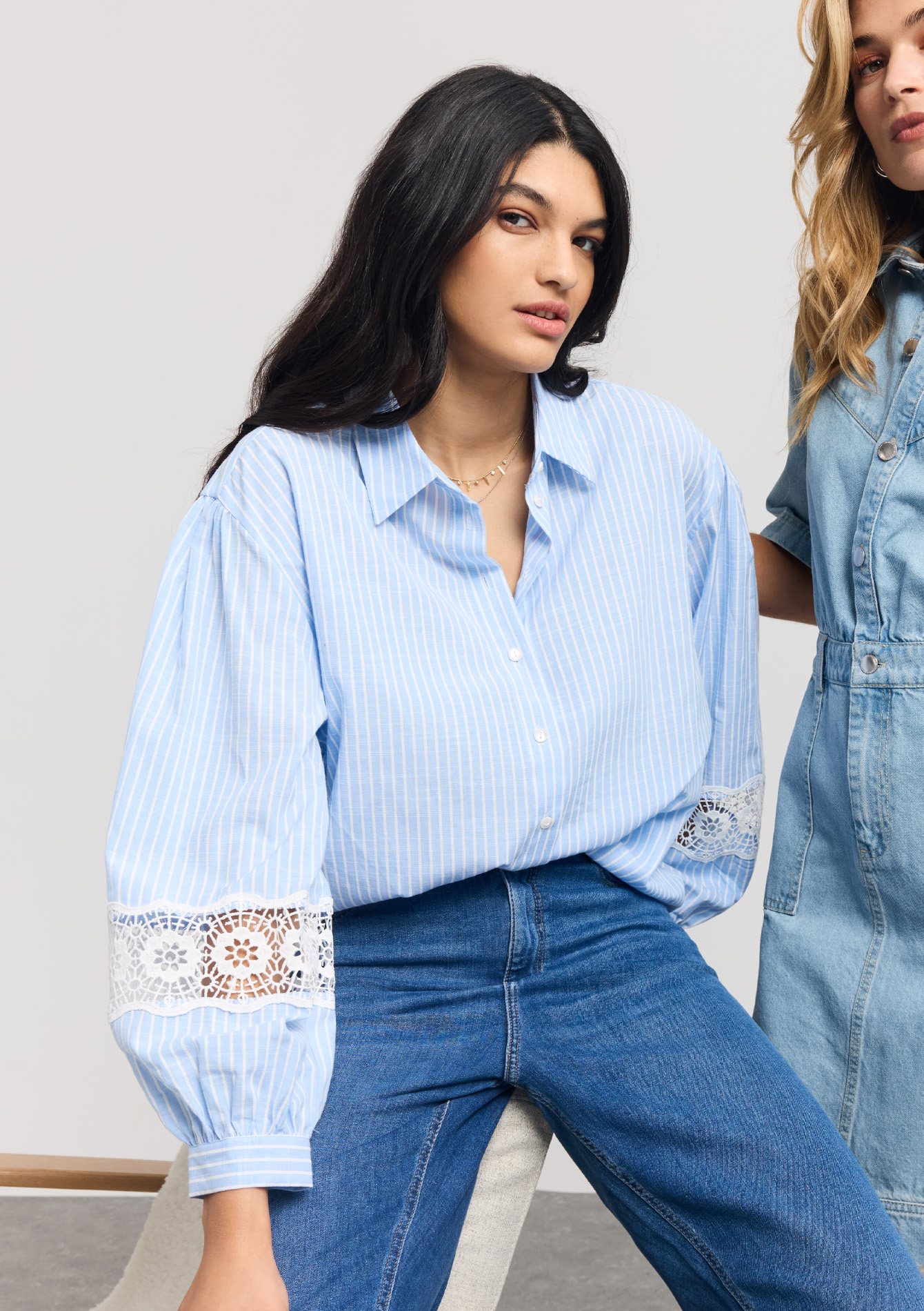 Gestreept shirt met kantdetail, undefined - BLUE PASTEL - undefined