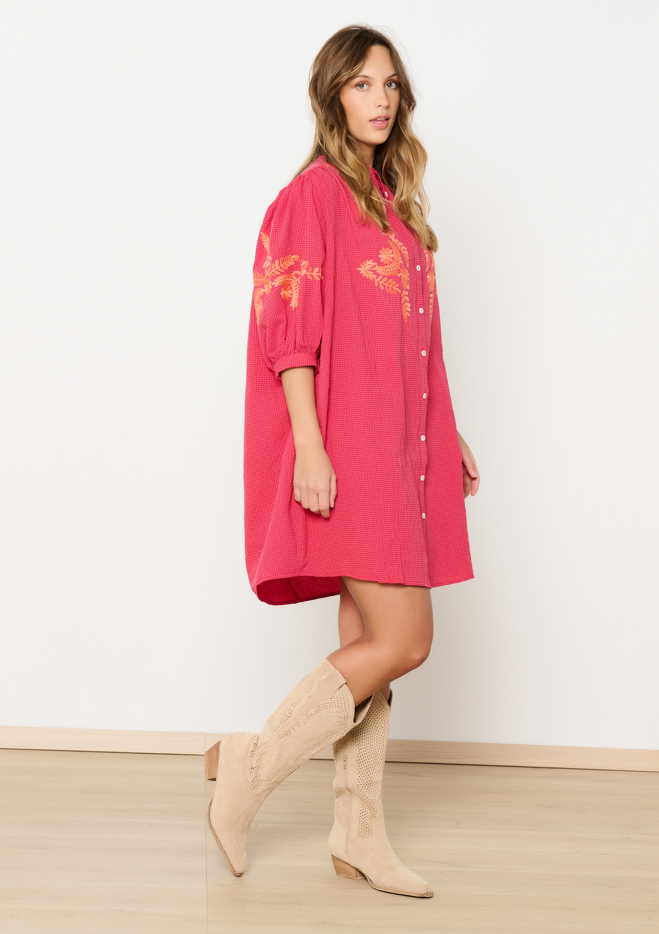 Robe oversize en vichy avec broderies, undefined - FUCHSIA - undefined