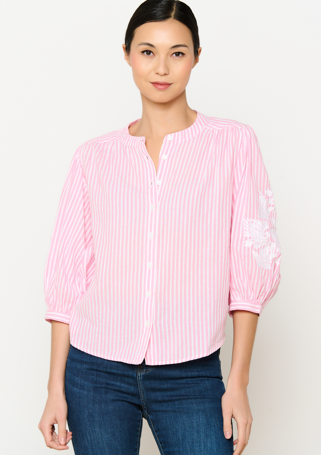Chemisier rayé avec broderie, undefined - CORAL PINK - undefined
