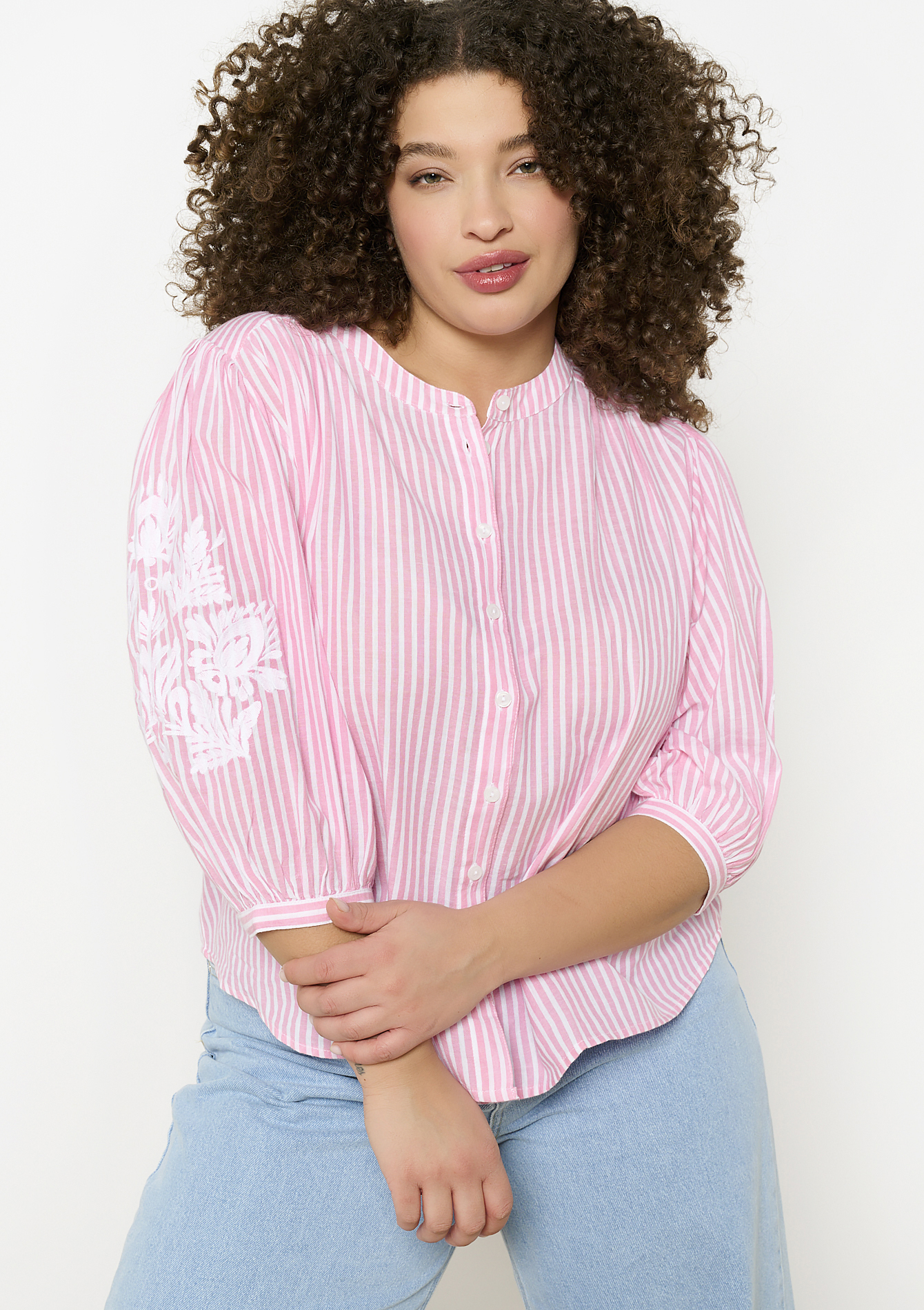 Chemisier rayé avec broderie, undefined - CORAL PINK - undefined