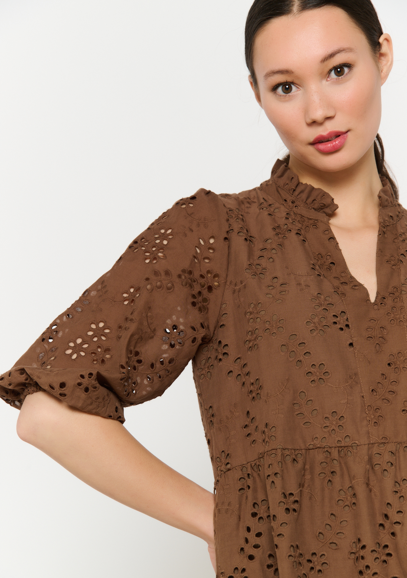Robe courte brodée, undefined - BROWN DARK CHOCOLATE - undefined