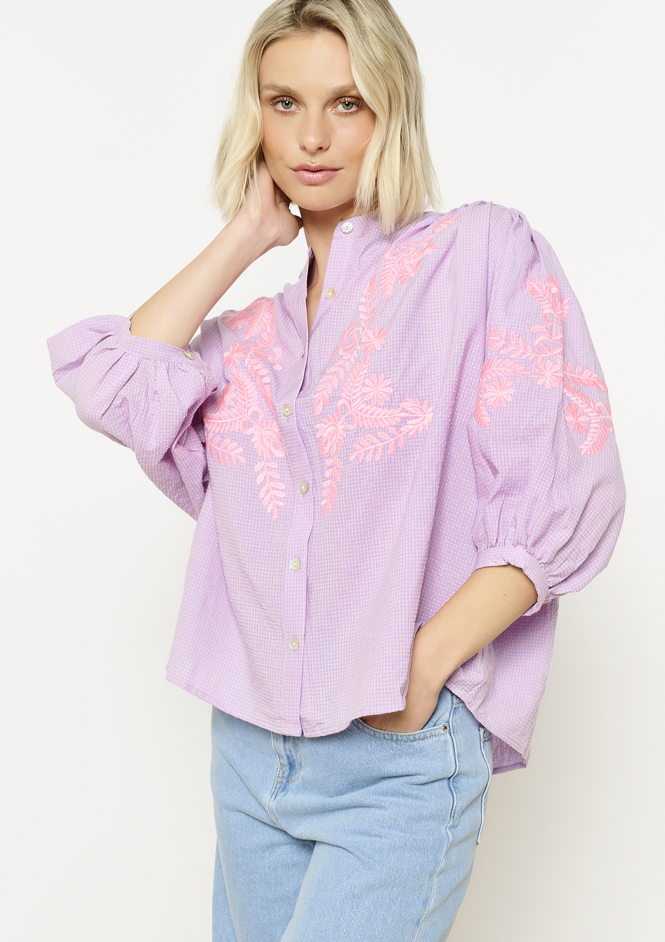 Chemise en vichy avec broderie, undefined - PASTEL LILAC - undefined