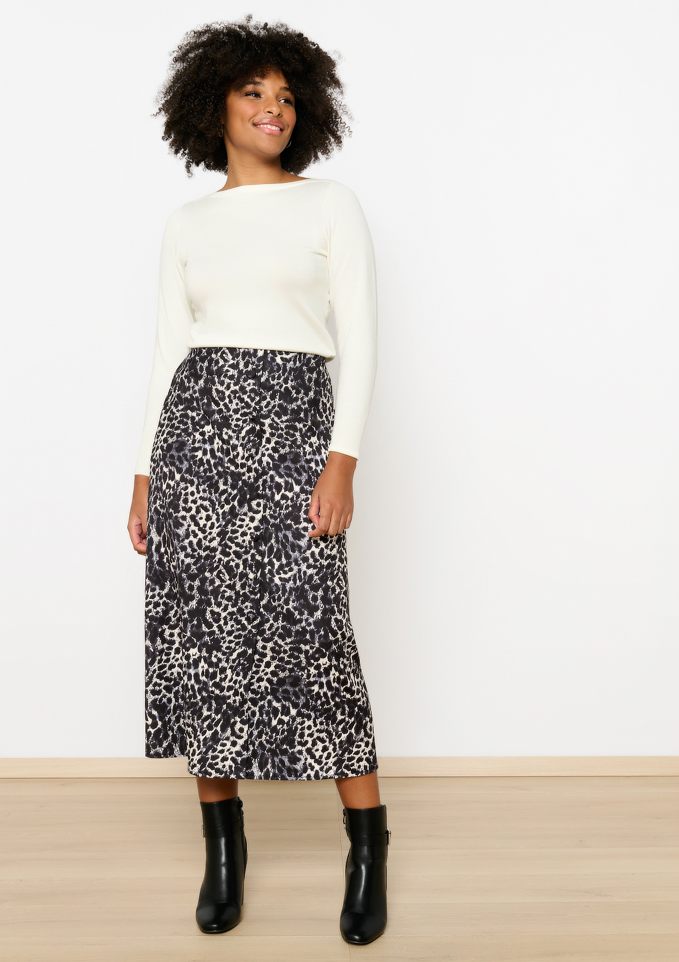 Midi skirt with leopard print, undefined - BLACK - undefined
