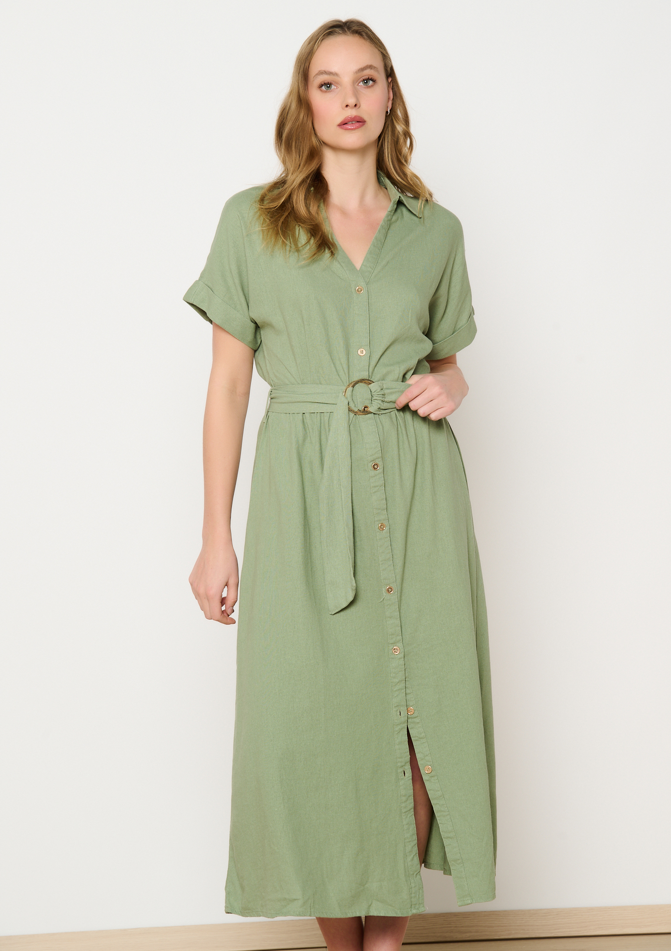 Linen shirt dress with belt, undefined - KHAKI FADED - undefined