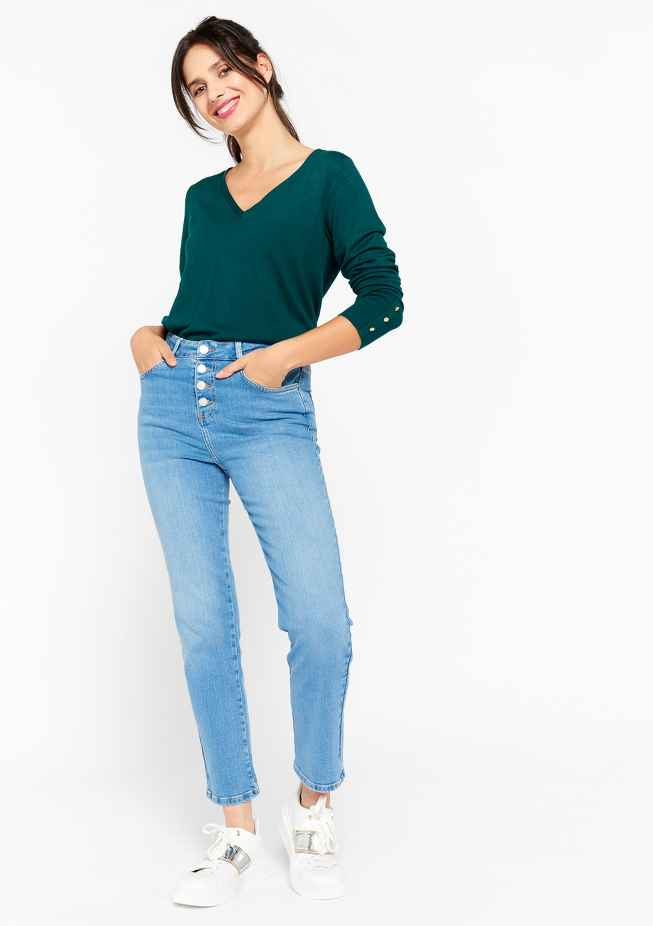 High-waisted straight jeans, undefined - BLUE BLEACHED - undefined