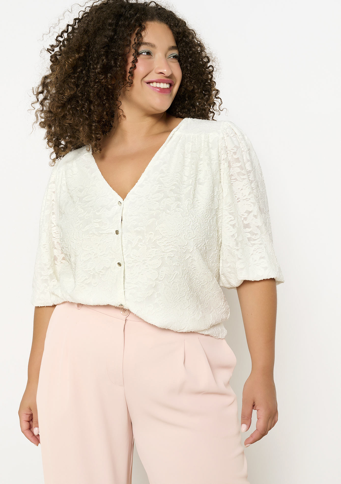 Sheer lace buttoned top, undefined - OPTICAL WHITE - undefined