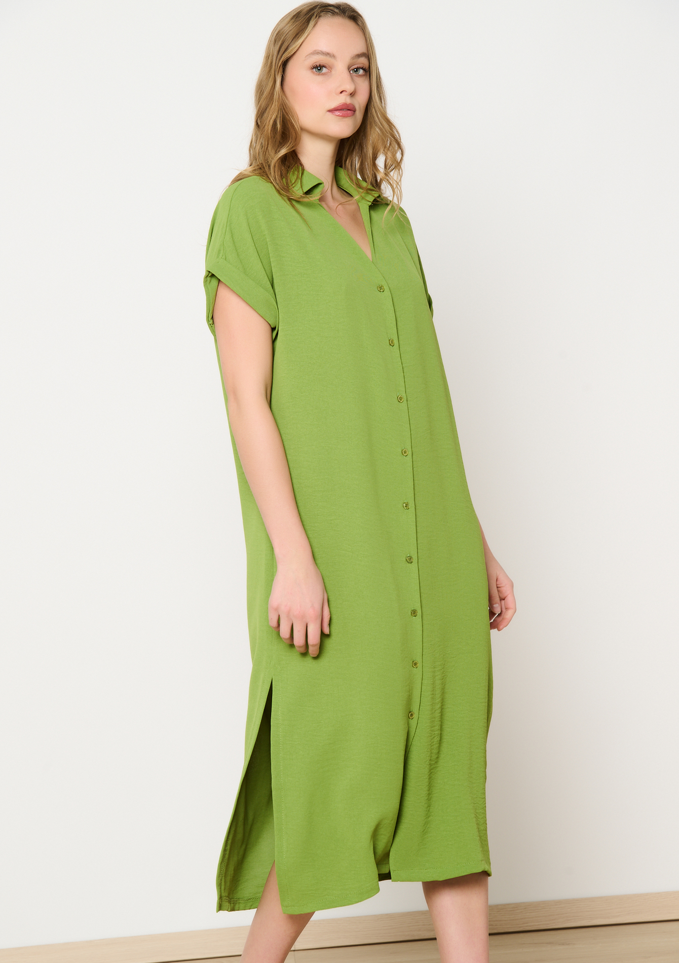 Robe-chemise en tissu crêpé, undefined - GREEN MOSS - undefined