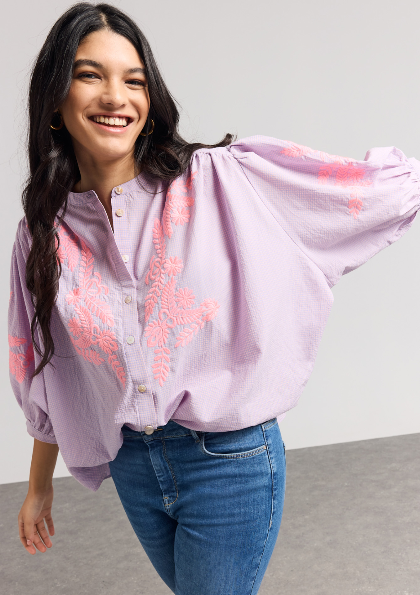 Chemise en vichy avec broderie, undefined - PASTEL LILAC - undefined