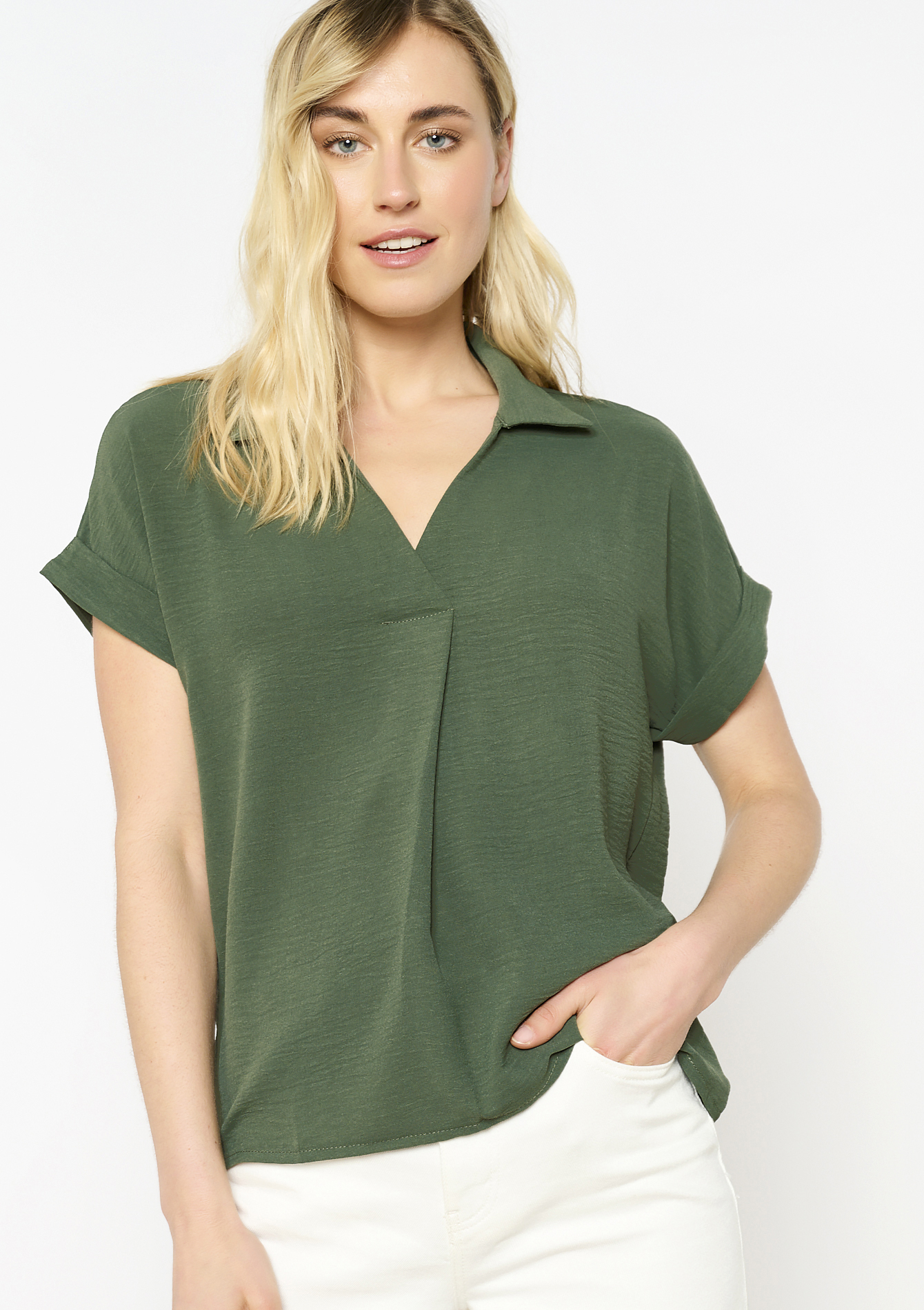 Blouse with polo collar, undefined - KHAKI MED - undefined