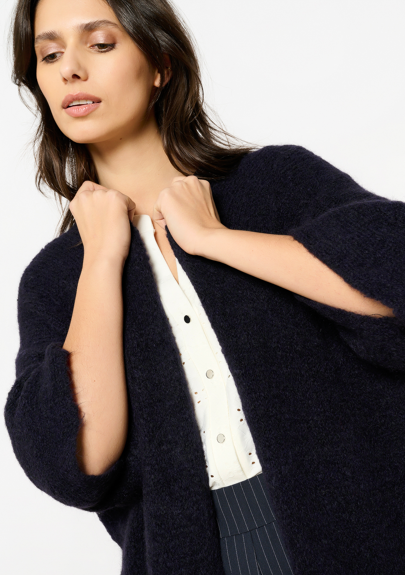 Cardigan long en mohair, undefined - NAVY BASIC - undefined