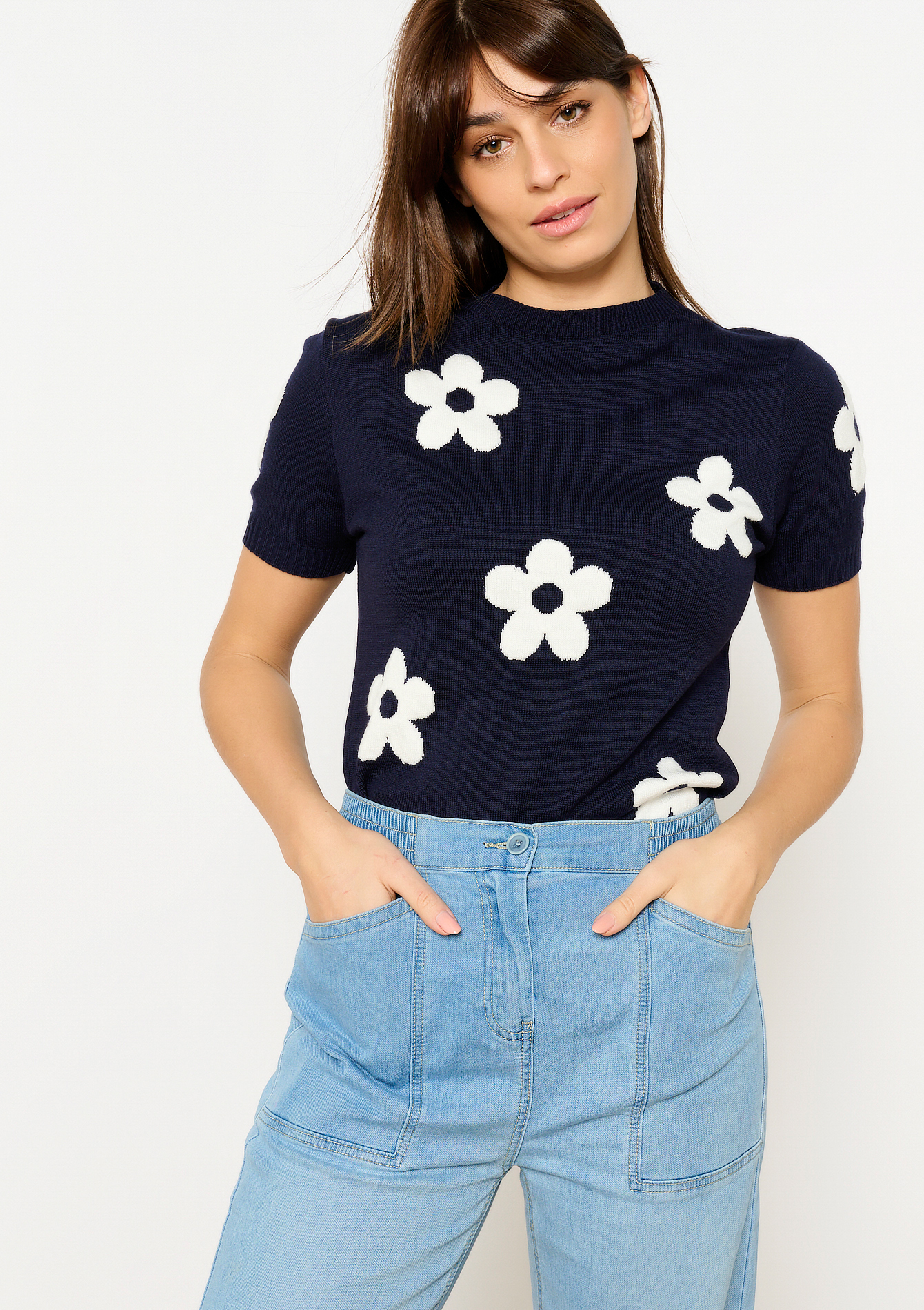Pull en jacquard à fleurs, undefined - NAVY BASIC - undefined