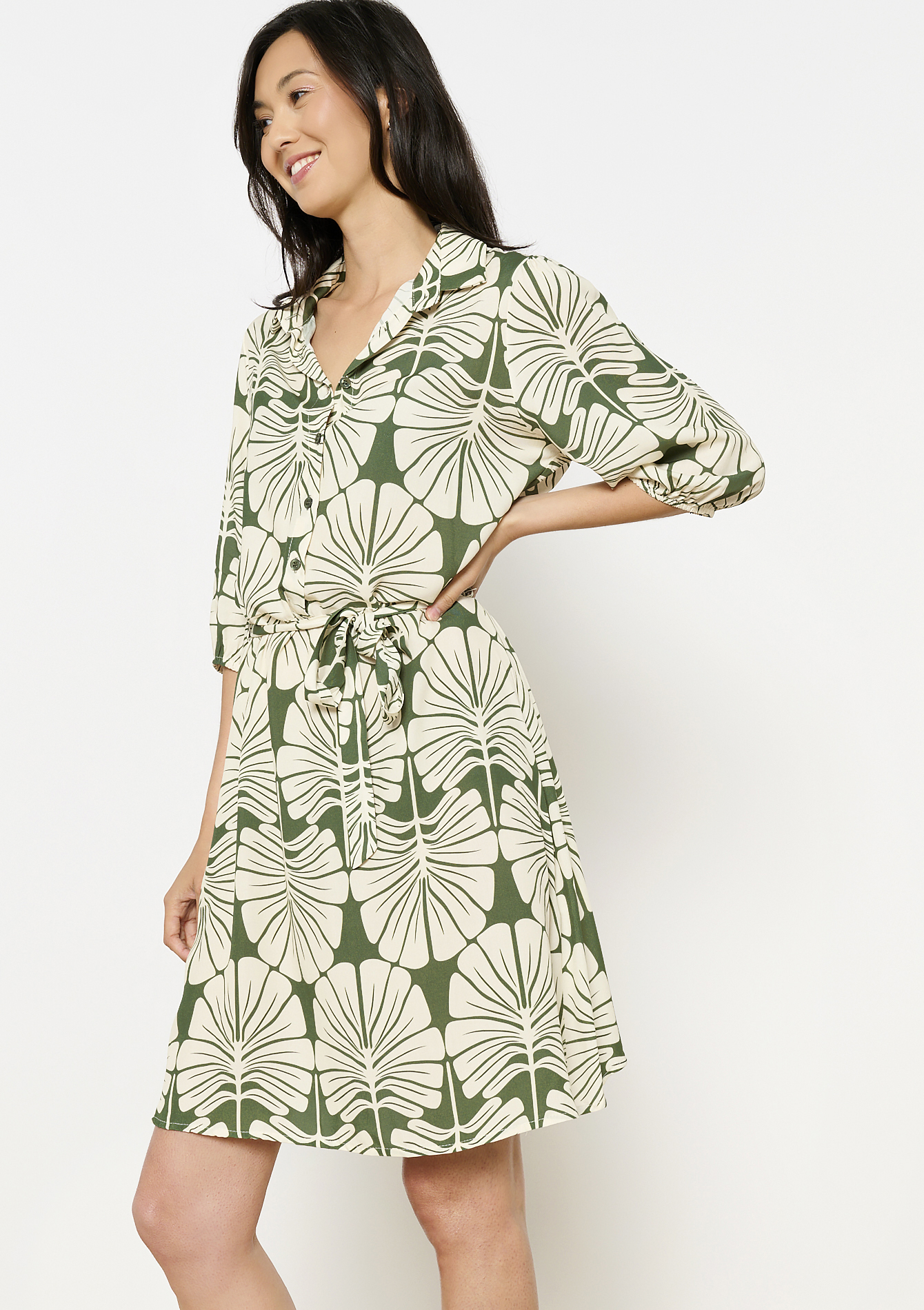 Leafy printed dress, undefined - KHAKI FADED - undefined