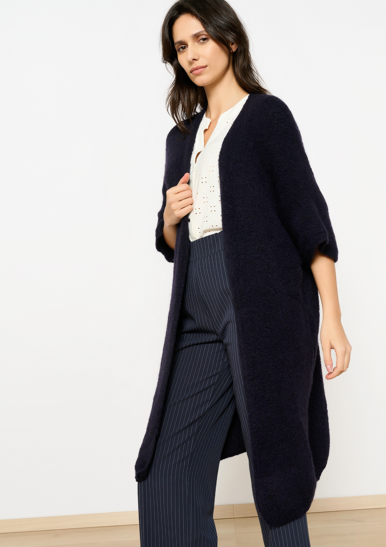 Cardigan long en mohair, undefined - NAVY BASIC - undefined